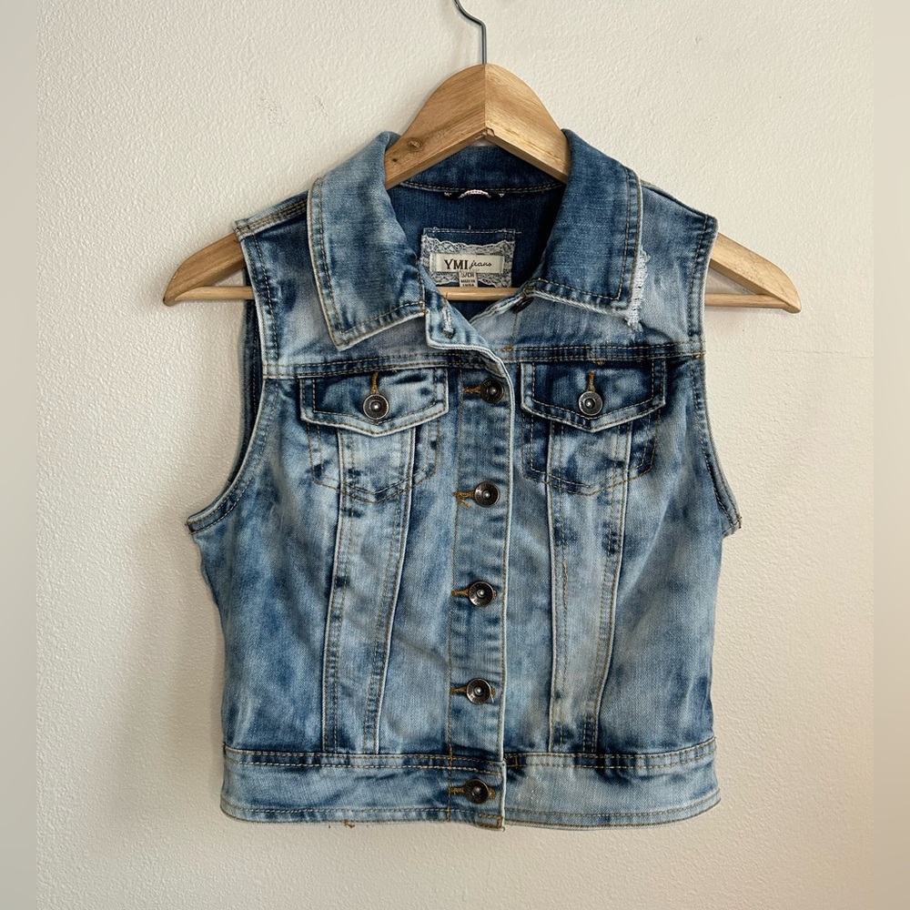 YMI Vintage YK2 Distressed Denim Sleeveless Biker Stone Acid Wash Vest Size S